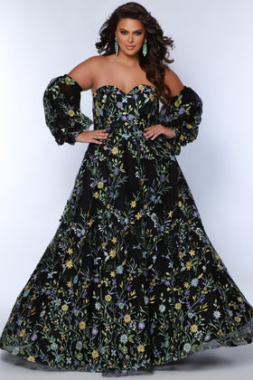 Sydney's Closet SC7381 Plus Size Strapless Black Floral A-Line Gown with Puff Sleeves