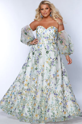 Sydney's Closet SC7381 Plus Size Strapless Ivory Floral A-Line Gown with Puff Sleeves