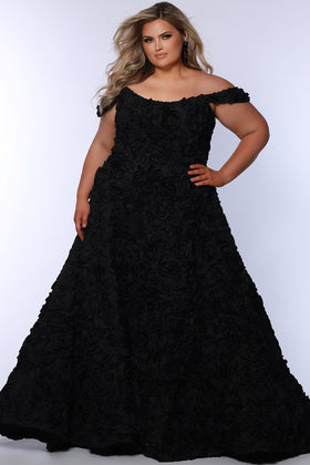 Sydney's Closet SC7397 Plus Size Off-the-Shoulder Black Satin Gown with Rosettes