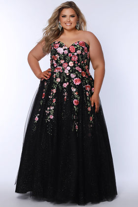 Sydney's Closet SC7407 Plus Size Strapless Black Floral Tulle A-Line Ball Gown