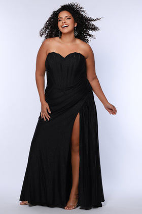 Sydney's Closet SC7412 Plus Size Strapless Black Sparkle Corset Gown with Slit