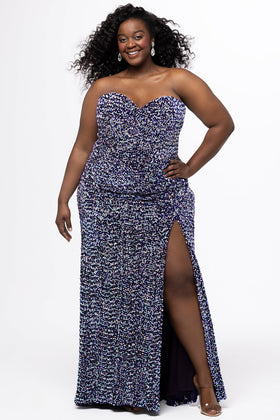 Sydney's Closet SC7420 Plus Size Strapless Galaxy Sequin Velvet Fitted Gown