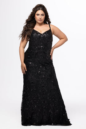 Sydney's Closet SC7429 Plus Size Sleeveless V-Neck Black Sequin Fitted Gown