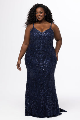 Sydney's Closet SC7429 Plus Size Sleeveless V-Neck Navy Sequin Fitted Gown