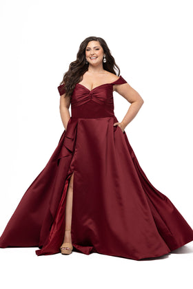 Sydney's Closet SC7431 Plus Size Strapless Burgundy Satin A-Line Gown with Slit