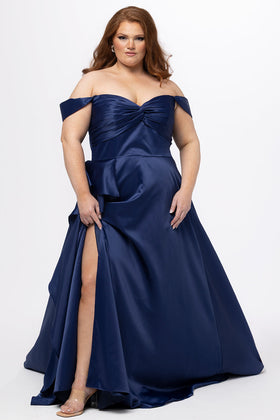 Sydney's Closet SC7431 Plus Size Strapless Navy Satin A-Line Gown with Slit