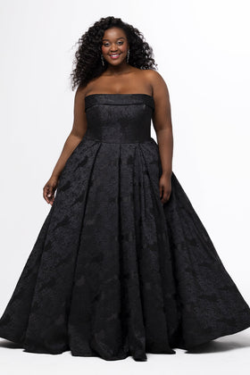 Sydney's Closet SC7439 Plus Size Strapless Black Brocade A-Line Ball Gown