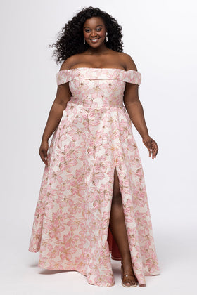 Sydney's Closet SC7440 Plus Size Off-the-Shoulder Light Pink Floral Brocade Gown