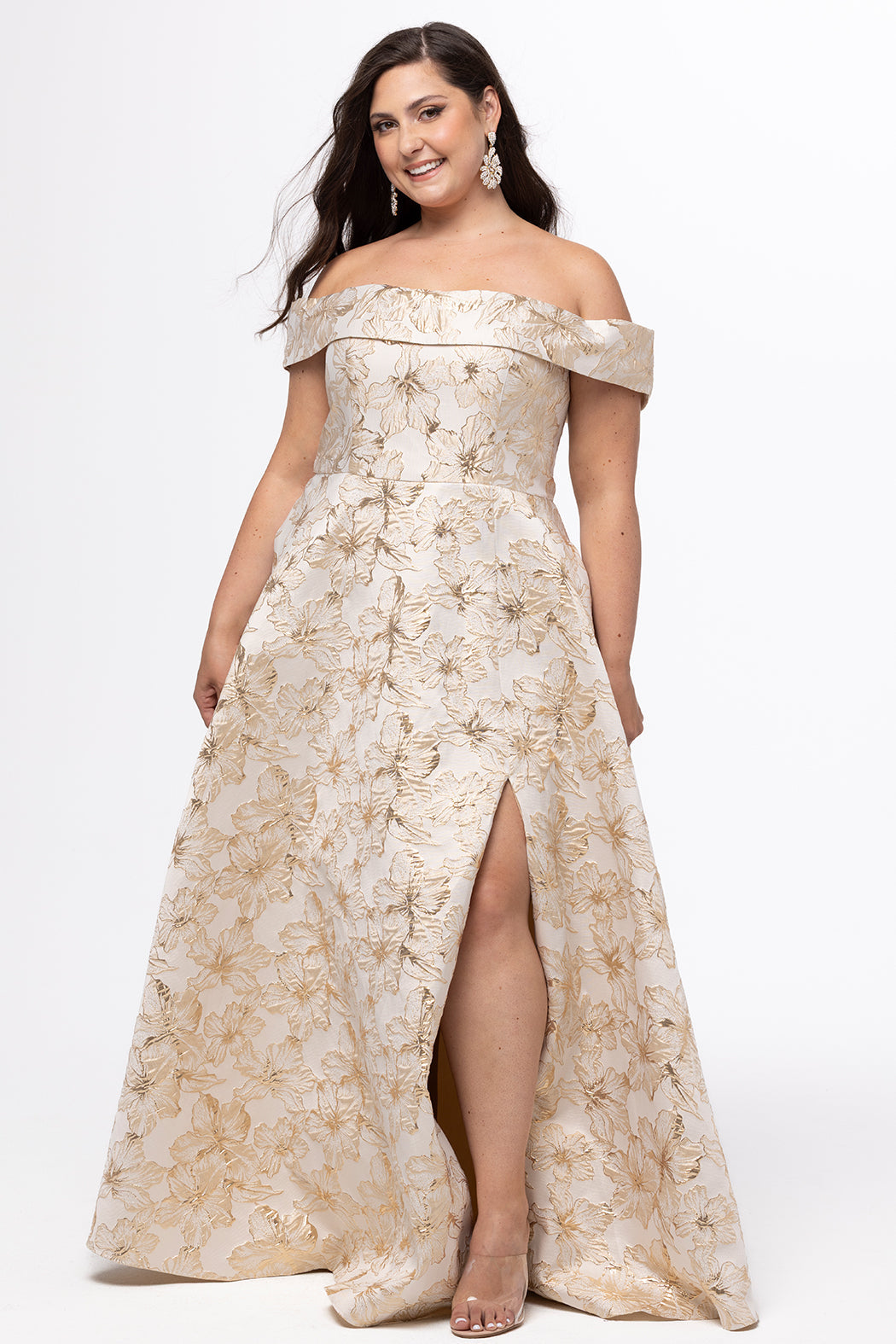Sydney's Closet Gold Floral Prom Dress