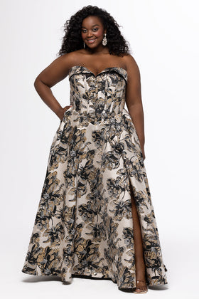 Sydney's Closet SC7443 Plus Size Strapless Black and Gold Brocade A-Line Gown