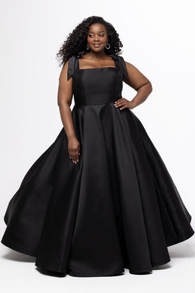 Sydney's Closet SC7444 Plus Size Square Neck Black Satin A-Line Gown with Bow