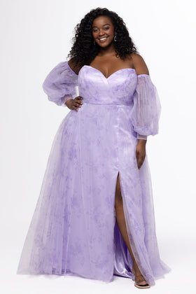 Sydney's Closet SC7445 Plus Size Strapless Purple Floral Tulle A-Line Gown