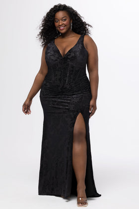 Sydney's Closet SC7446 Plus Size V-Neck Black Burnout Velvet Fitted Gown