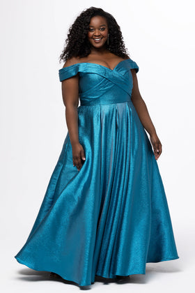 Sydney's Closet SC7449 Plus Size Off-the-Shoulder Electric Blue A-Line Gown