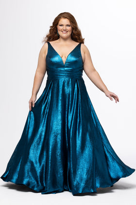 Sydney's Closet SC7453 Plus Size V-Neck Electric Blue A-Line Prom Gown with Pockets