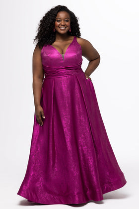 Sydney's Closet SC7453 Plus Size V-Neck Magenta A-Line Prom Gown with Pockets