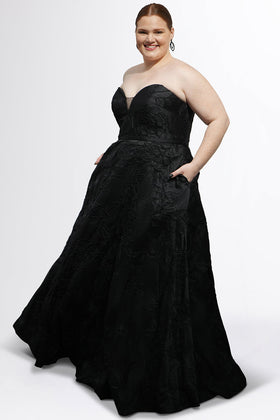 Sydney's Closet SC7454 Plus Size Strapless Black Jacquard A-Line Gown