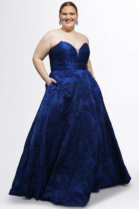 Sydney's Closet SC7454 Plus Size Strapless Midnight Blue Jacquard A-Line Gown