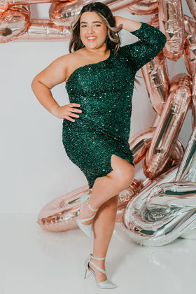 Sydney's Closet SC8112 Plus Size One-Shoulder Hunter Green Sequin Cocktail Dress