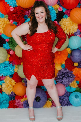 Sydney's Closet SC8112 Plus Size One-Shoulder Ruby Red Sequin Party Dress