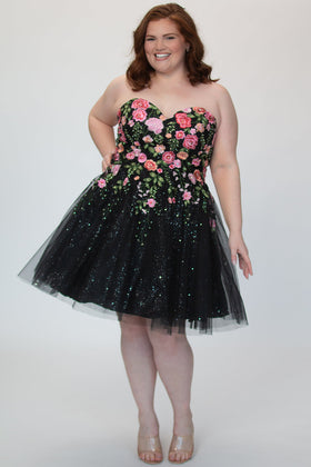 Sydney's Closet SC8137 Plus Size Strapless Black Floral Sparkle Tulle Party Dress