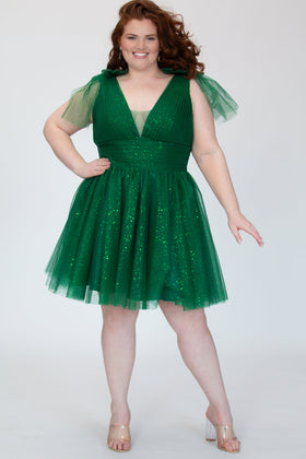 Sydney's Closet SC8153 Plus Size V-Neck Shamrock Green Glitter Tulle Short Dress