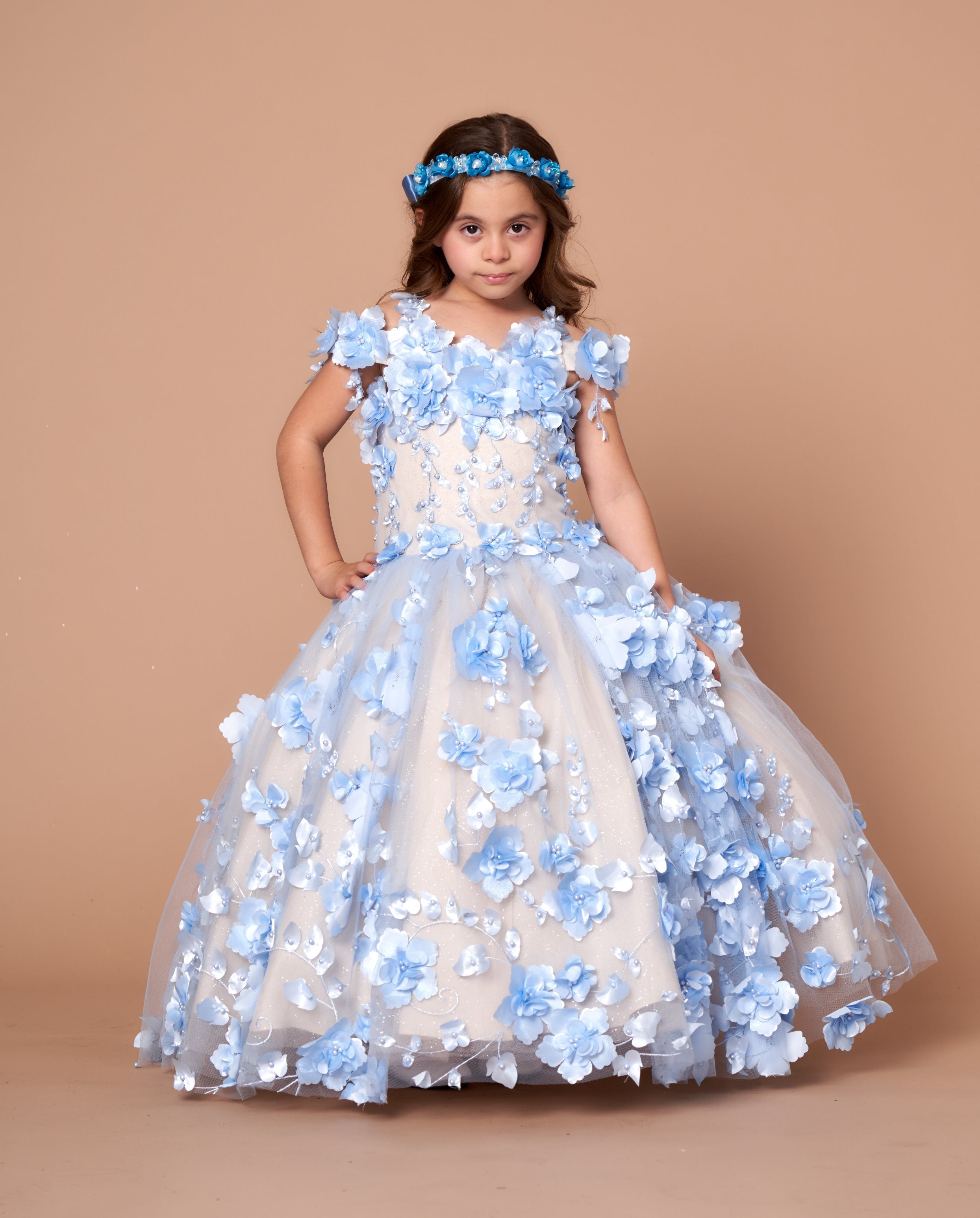 Girls 3D Floral Off-Shoulder Gown by Calla SCK305