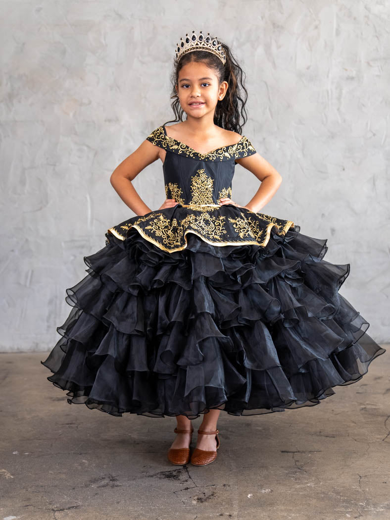 black and gold dress for teens Girls Ruffled Charro Off-Shoulder Gown by Calla SCK313 doubledeals