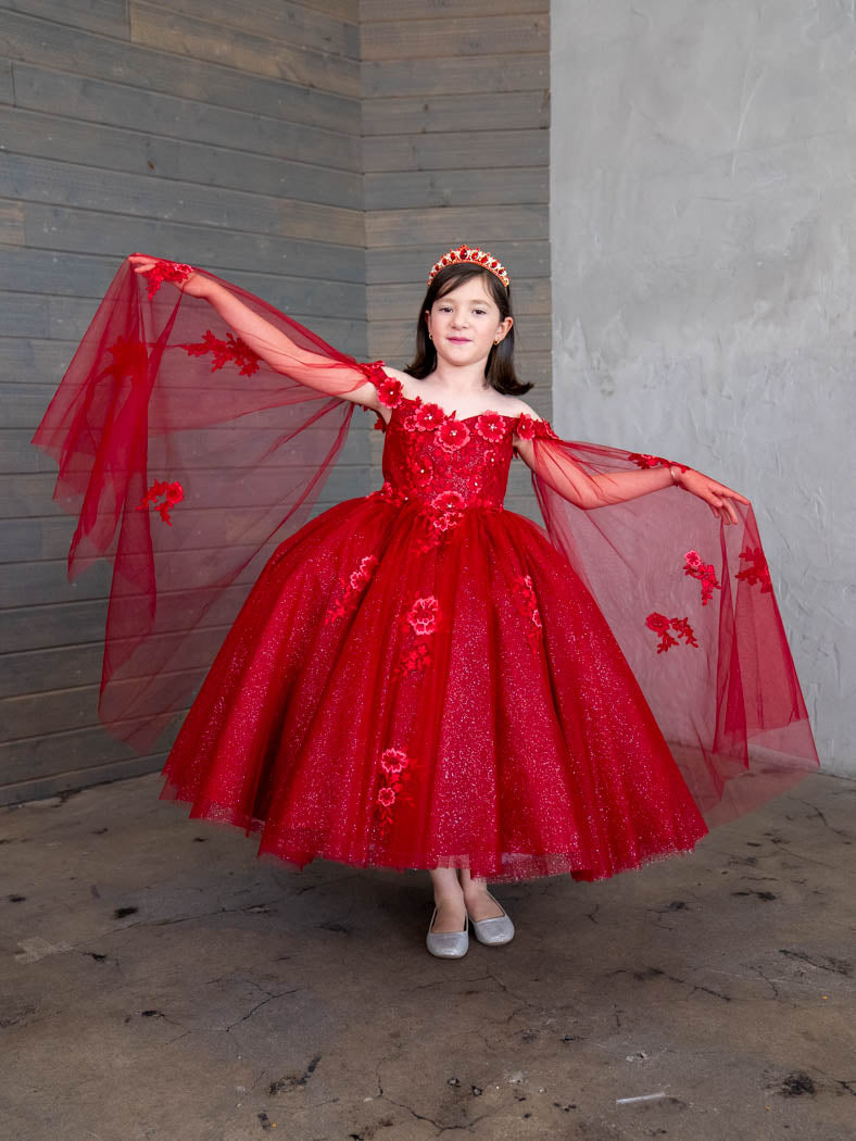 Girls Off-Shoulder Cape Sleeve Gown by Calla SCK314