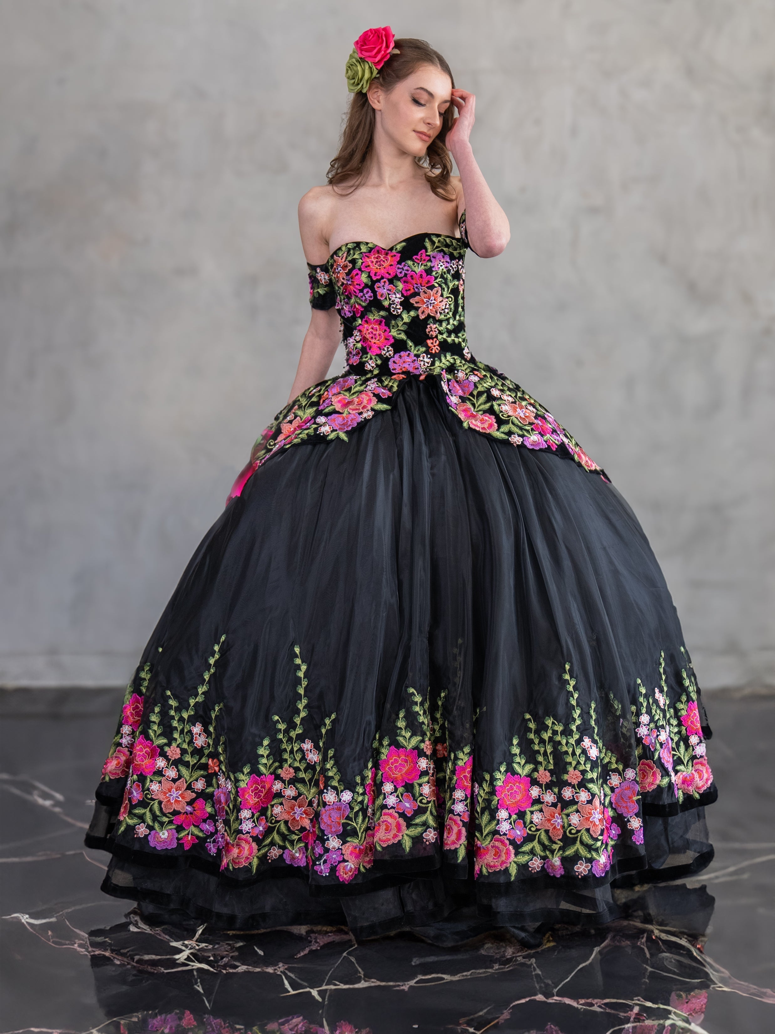 Floral Charro Off-Shoulder Ball Gown by Calla SCL30016