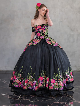 Black Floral Charro Quinceanera Dress Off-Shoulder Ball Gown by Calla SCL30016