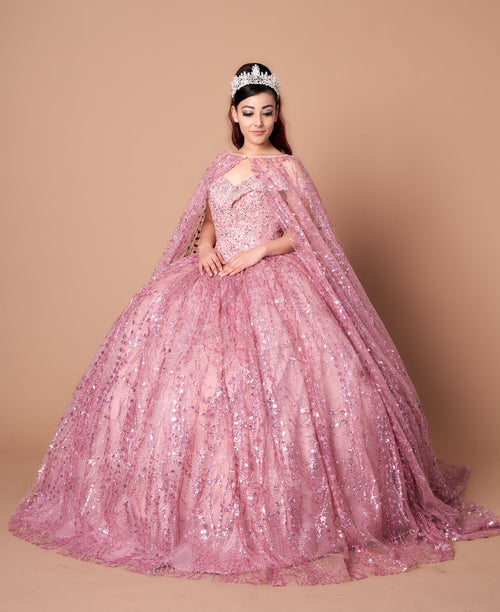 Appliqué Off-Shoulder Cape Ball Gown by Calla SCL30003