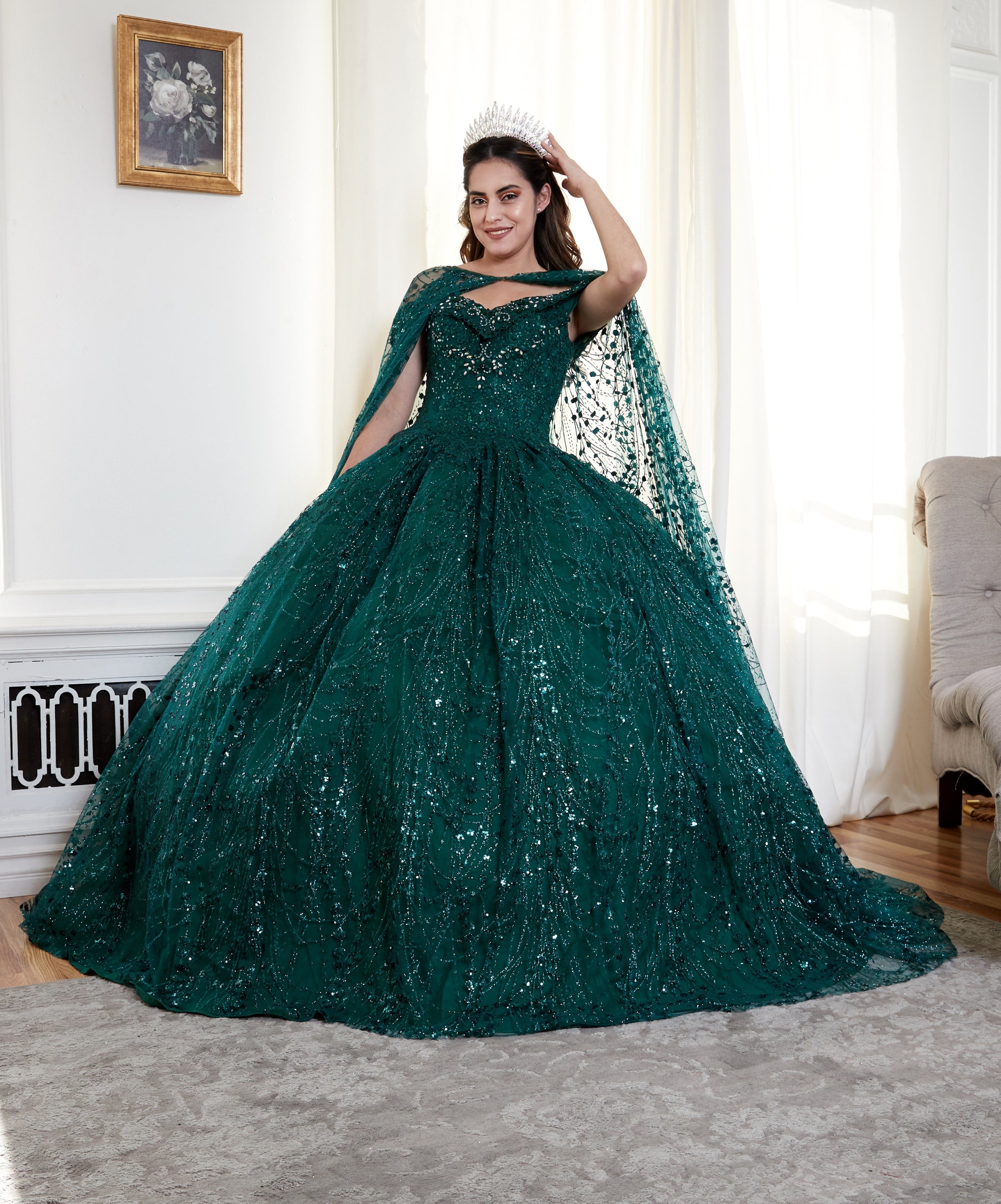 Appliqué Off-Shoulder Cape Ball Gown by Calla SCL30003