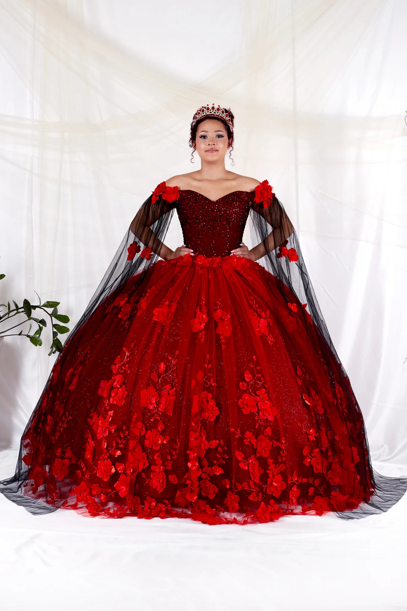 Floral Quinceanera Dress Off-Shoulder Cape Sleeve Ball Gown by Calla SCL-30007