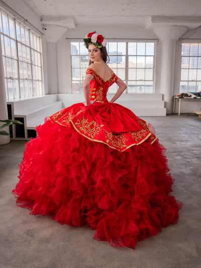 Ruffled Charro Quinceanera Dress Off Shoulder Ball Gown Calla SCL30013 Red/Gold / M