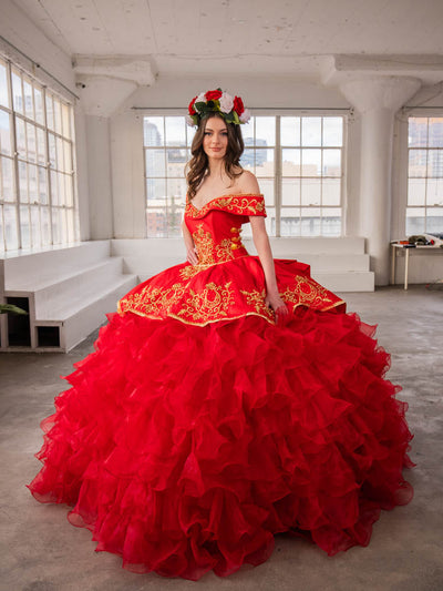 Ruffled Charro Quinceanera Dress Off Shoulder Ball Gown Calla SCL30013 Red/Gold / M