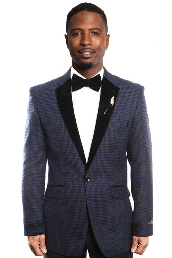 Blazer azul marino de corte entallado con solapa de terciopelo negro para hombre