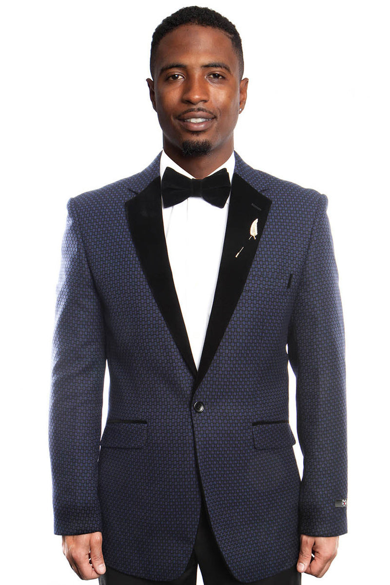 Blazer azul marino de corte entallado con solapa de terciopelo negro para hombre