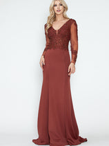 Long Sleeve Mother of the Bride Dress Beaded Evening Gown Lenovia 8323