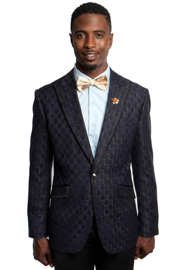 Blazer de hombre con un botón y solapa de pico, estampado de cuadros azul marino y dorado