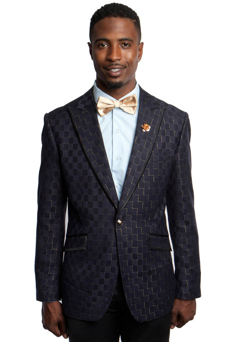 Blazer de hombre con un botón y solapa de pico, estampado de cuadros azul marino y dorado