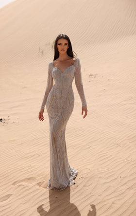 Chic and Holland HF110027 V-Neck Long Sleeve Beaded Evening Gown