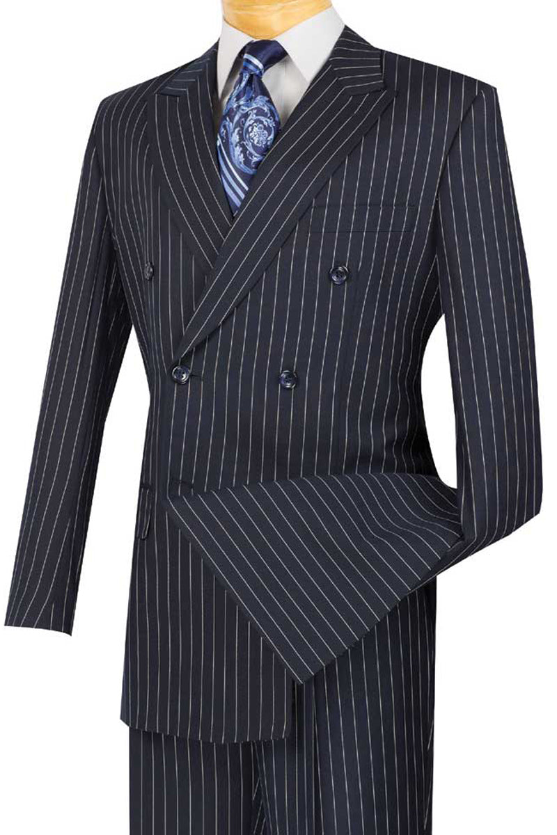 Mens Double Breasted Gangster Pinstripe Suit in Navy Blue