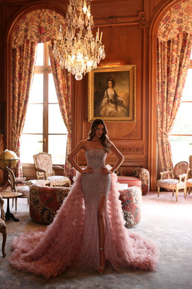 Chic and Holland EW990103 Strapless Beaded Sheath Evening Gown with Slit and Overskirt