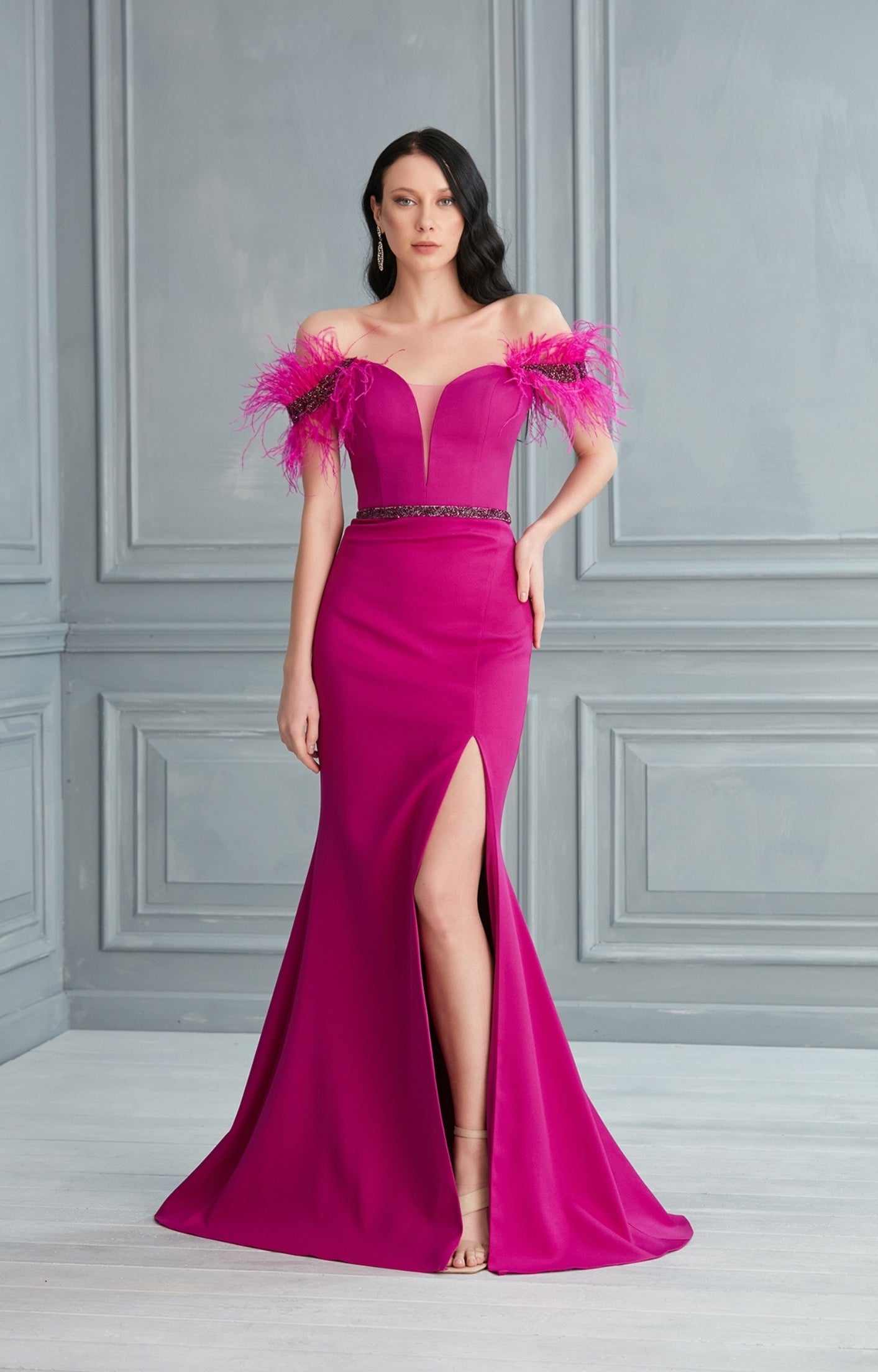 Passion Dress P5059 Off-Shoulder Feather Gown