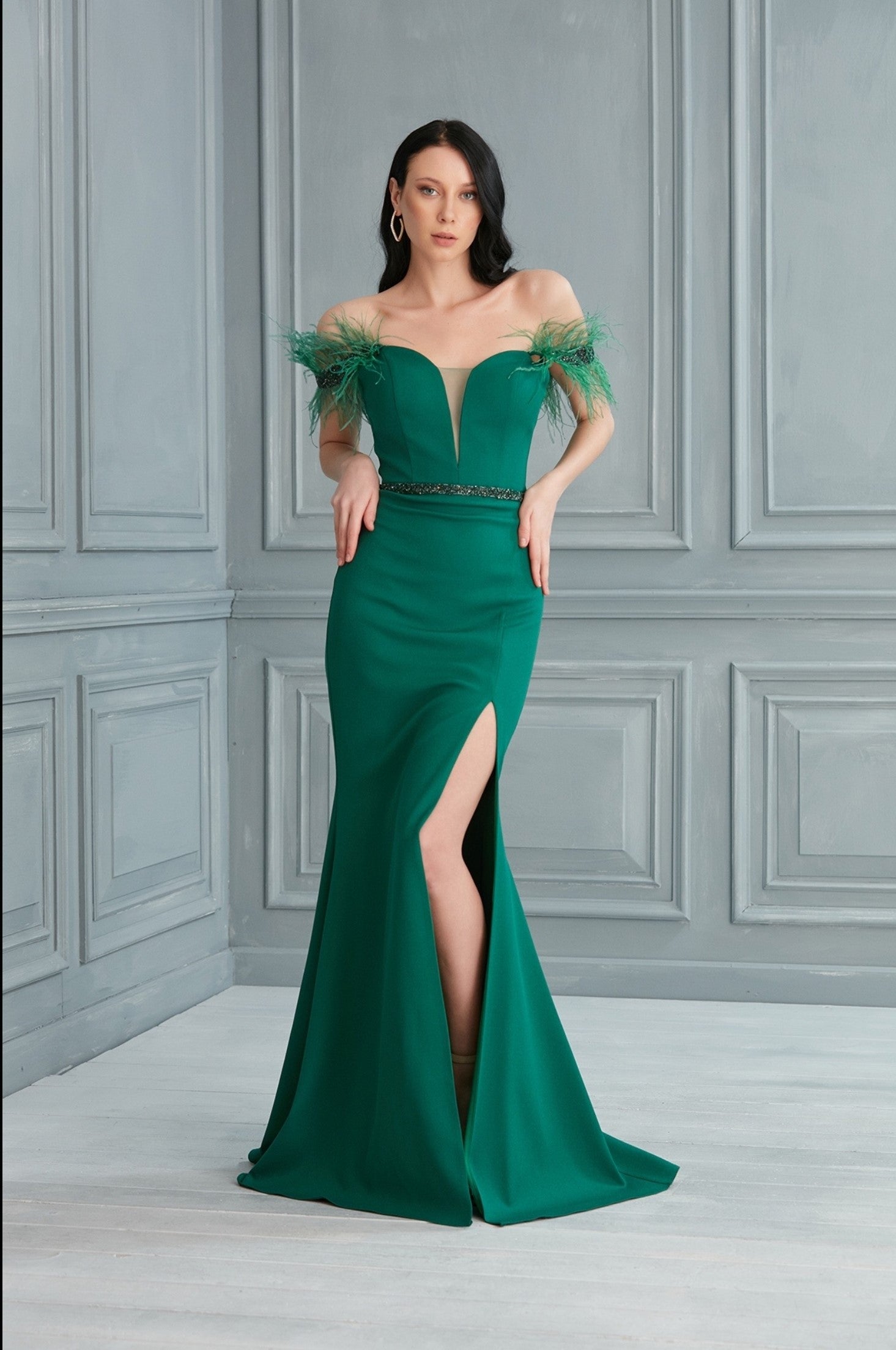 Passion Dress P5059 Off-Shoulder Feather Gown