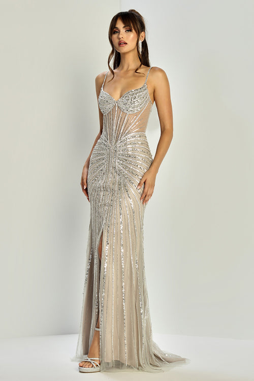 Adora Design 3310 Sequin Corset Slit Long Fitted Prom Dress