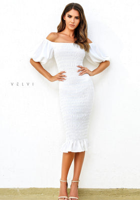 Skyla White Off-the-Shoulder Shirred Ruffle Bridal Midi Dress