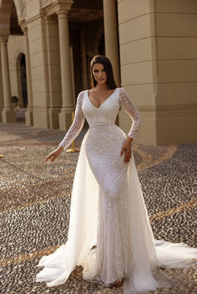 Chic and Holland BR550011 V-Neck Long Sleeve Evening Gown