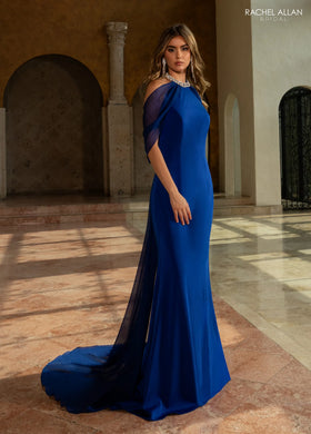 Rachel Allan RB8204 Cold Shoulder Draped Sleeve Stretch Crepe Evening Dress